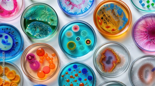 A vibrant collection of petri dishes displaying various bacteria cultures, showcasing diverse colors and patterns in a scientific setting.