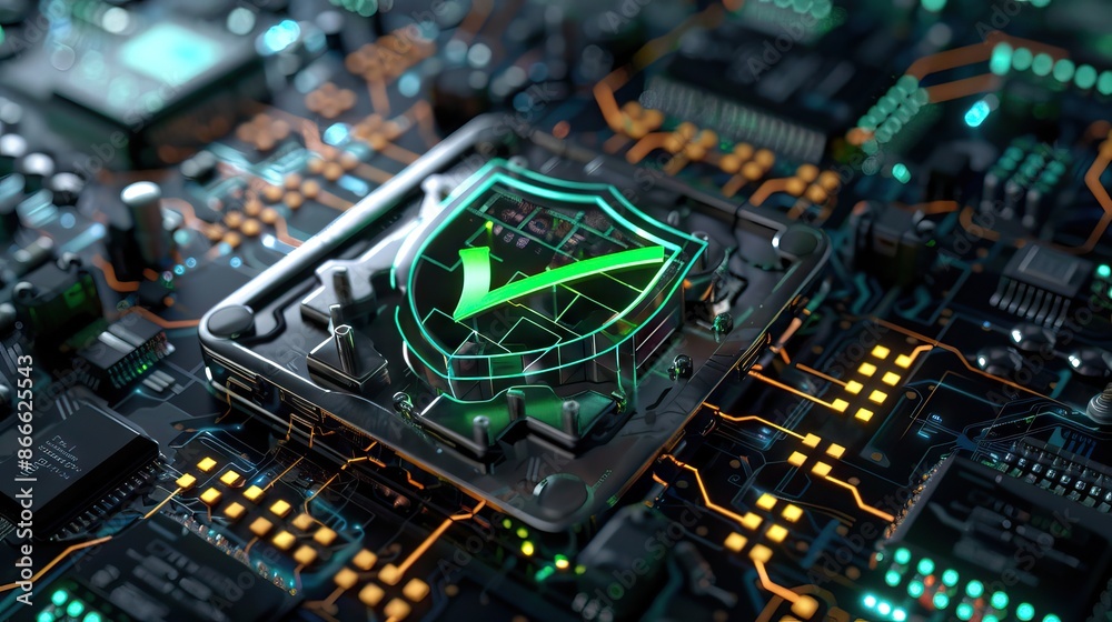 Digital security shield icon on a circuit board background. Printed ...