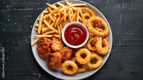Top view of a tempting plate with onion rings, french fries, chicken nuggets, and fried chicken, ideal for fast food enthusiasts