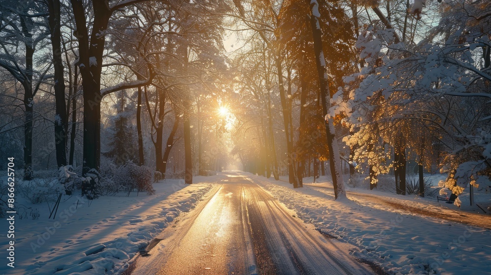 Tranquil winter scene of a road in a sunlit park with snow-covered trees and serene atmosphere Tranquil winter scene of a road in a sunlit park with snow-covered trees and serene atmosphere