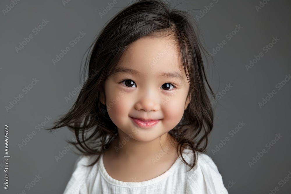 A happy little Asian girl dressed in a white t-shirt, smiling warmly at the camera. Her clean and simple look, combined with her joyful demeanor, makes this photo ideal for advertisements, A happy little Asian girl dressed in a white t-shirt, smiling warmly at the camera. Her clean and simple look, combined with her joyful demeanor, makes this photo ideal for advertisements,