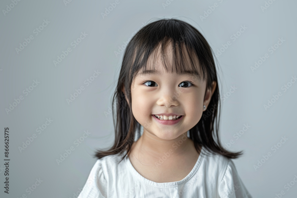A happy little Asian girl dressed in a white t-shirt, smiling warmly at the camera. Her clean and simple look, combined with her joyful demeanor, makes this photo ideal for advertisements, A happy little Asian girl dressed in a white t-shirt, smiling warmly at the camera. Her clean and simple look, combined with her joyful demeanor, makes this photo ideal for advertisements,