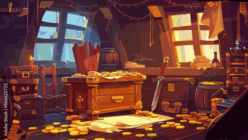 Pirate Ship Captains Cabin with Wooden Table Chair Sword Gold Coins. Game Style Cartoon Illustration. Adventure Treasure Maritime Nautical Seafaring Swashbuckling Buccaneer Sailing