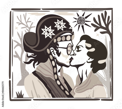 Lampiao and Maria Bonita. Bandits, folk heroes of Brazil. Kissing couple. Brazilian cordel style. Northeast woodcut style