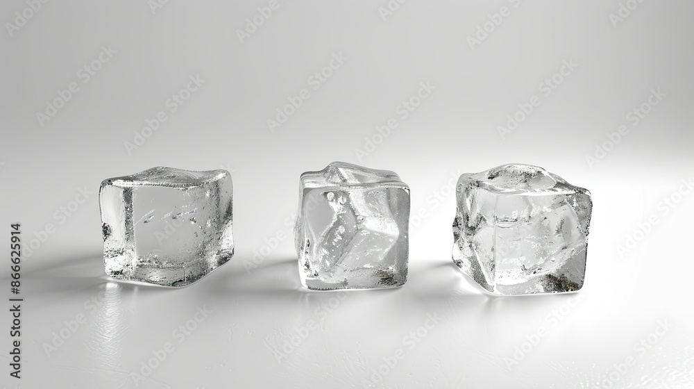 Transparent ice cubes in a trio, showcasing their purity and refreshing quality against a clean white background Transparent ice cubes in a trio, showcasing their purity and refreshing quality against a clean white background