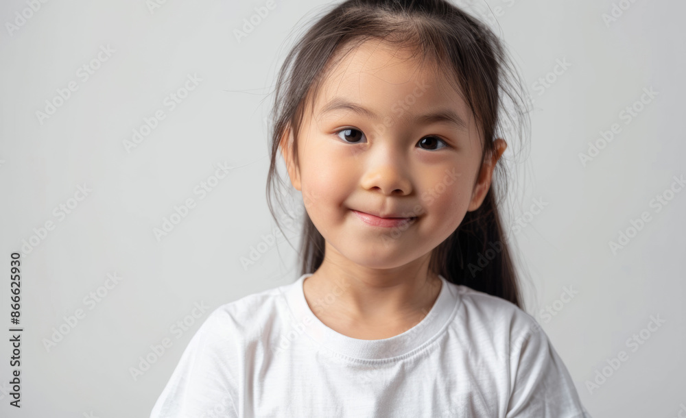 A happy little Asian girl dressed in a white t-shirt, smiling warmly at the camera. Her clean and simple look, combined with her joyful demeanor, makes this photo ideal for advertisements, A happy little Asian girl dressed in a white t-shirt, smiling warmly at the camera. Her clean and simple look, combined with her joyful demeanor, makes this photo ideal for advertisements,