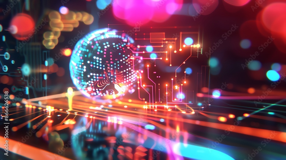 Futuristic digital globe with vibrant neon light patterns symbolizing advanced technology, artificial intelligence, and virtual reality. Futuristic digital globe with vibrant neon light patterns symbolizing advanced technology, artificial intelligence, and virtual reality.