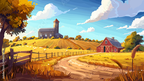 Rural Landscape Farm and Fields Background. Game Style Cartoon Illustration. Countryside Scene with Farmland and Barn. Cartoon Background of Rural Area with Fields and Pastures