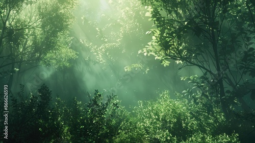 Ethereal forest ambiance: Dense foliage cloaked in fog, creating a mystical atmosphere in the serene green forest