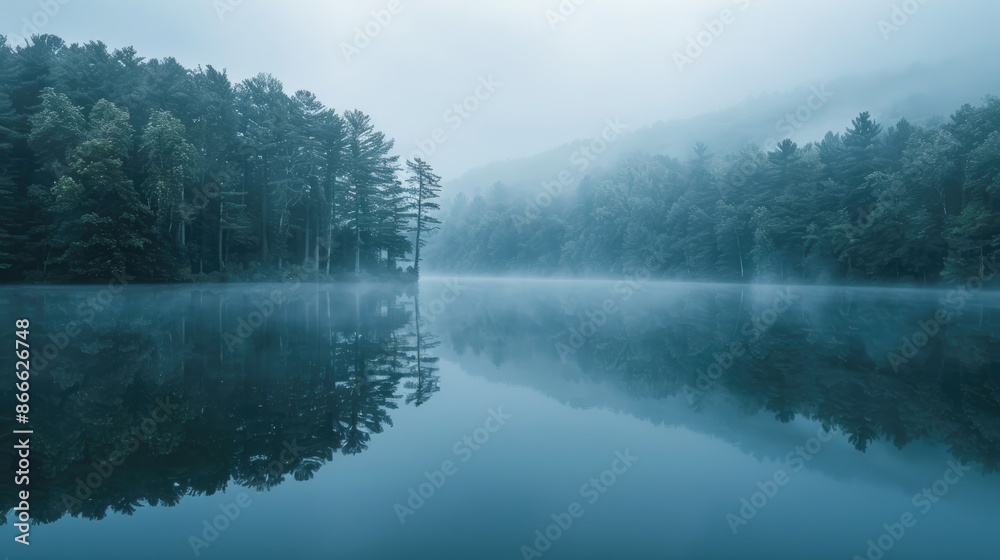 Ethereal mist blankets the lake, trees mirrored in its calm waters, evoking a sense of tranquility and natural beauty Ethereal mist blankets the lake, trees mirrored in its calm waters, evoking a sense of tranquility and natural beauty