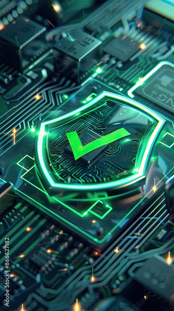 Digital security shield icon on a circuit board background. Printed ...
