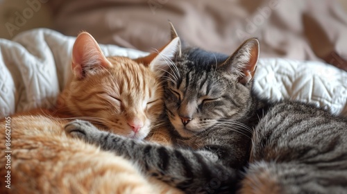 Two cats cuddled together on a bed, showing love by grooming and curling up with each other