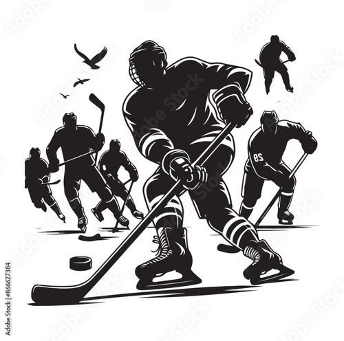 Ice Hockey player silhouette isolated on white background.