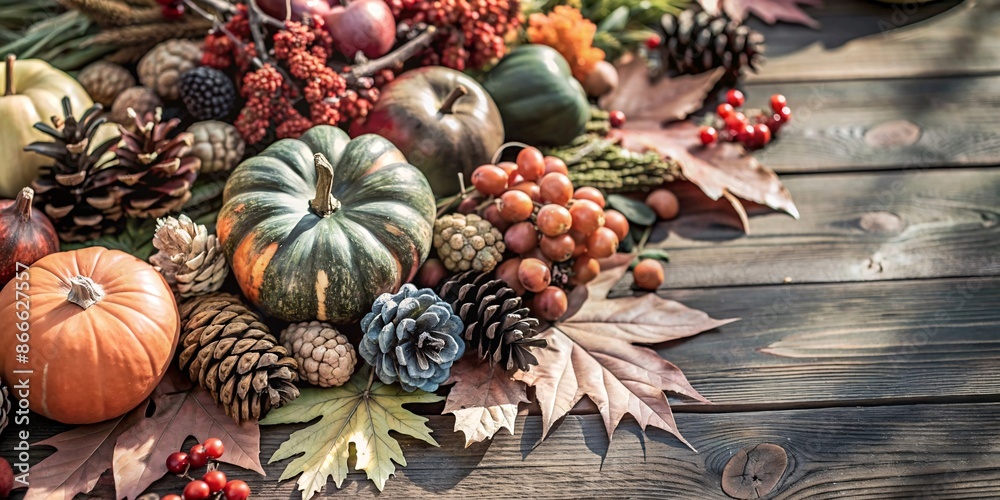 Fototapeta premium A close-up shot of a rustic wooden table adorned with the colors of autumn. Scattered across the surface are fallen leaves in various shades of brown, yellow, and orange, alongside pine cones, acorns.