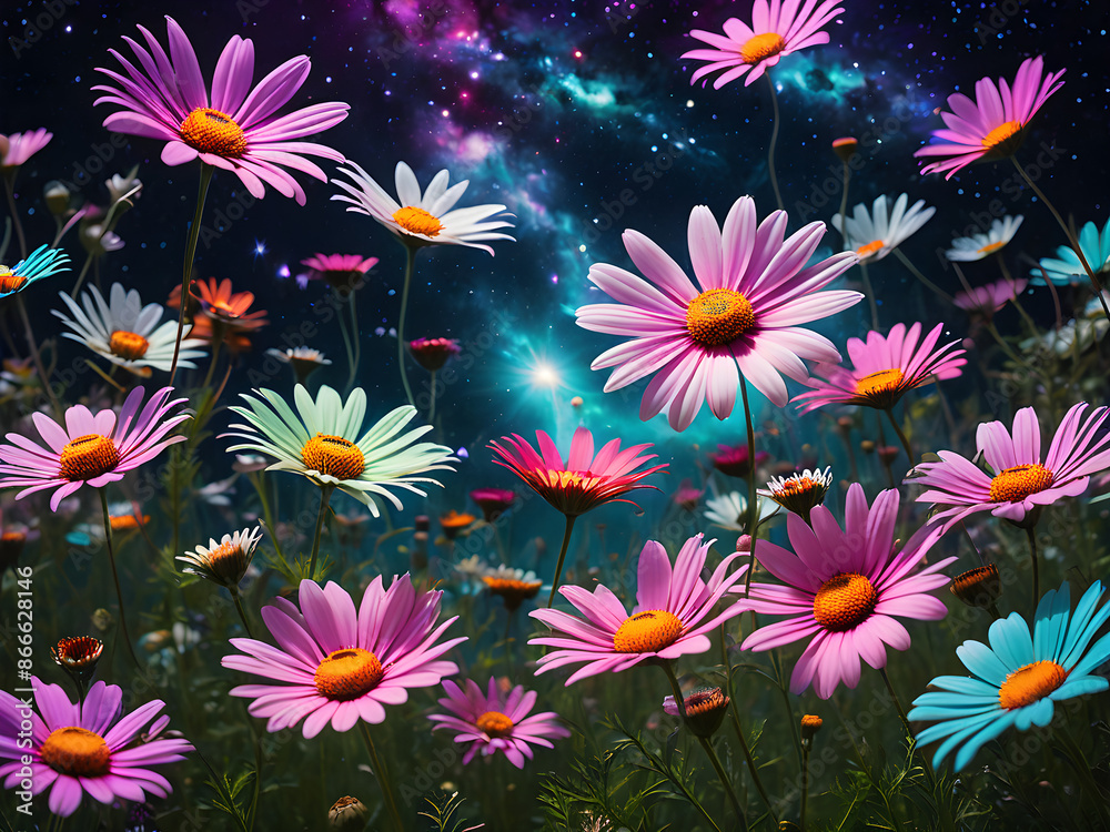 Cosmic Nebula with Vibrant purple Wildflowers and Stars Cosmic Nebula with Vibrant purple Wildflowers and Stars