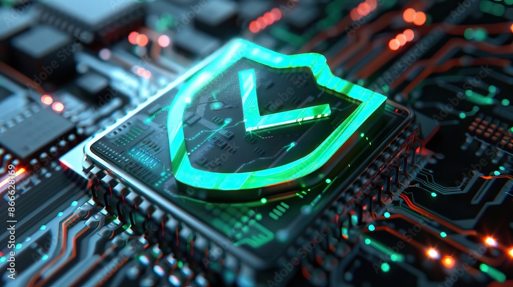 Digital security shield icon on a circuit board background. Printed ...