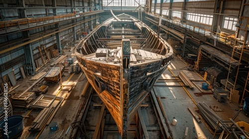 Artisans reconstructing a historical ship with traditional methods, showcasing dedication to historical accuracy in a heritage shipyard, emphasizing craftsmanship. 