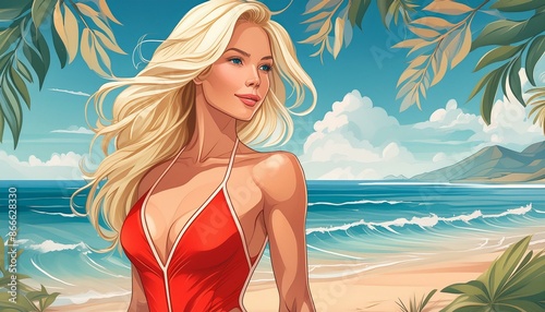 a blonde woman with red swimsuit on the beach, cartoon style photo