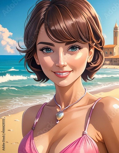 woman with short hair and pink bikini on the beach, cartoon style photo