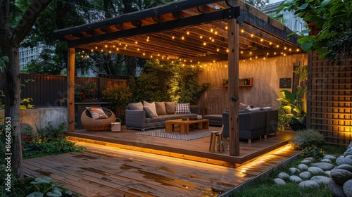 Cozy backyard patio with string lights and comfortable seating