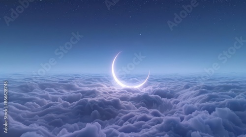 A serene crescent moon hovering above the clouds, casting a gentle glow against the night sky. Perfect for peaceful and dreamy themes. photo