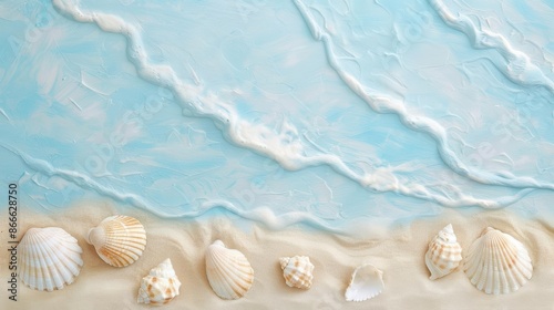 A serene beach scene with seashells on the sand and gentle waves crashing on the shore, capturing the essence of coastal beauty. © Flowaiart