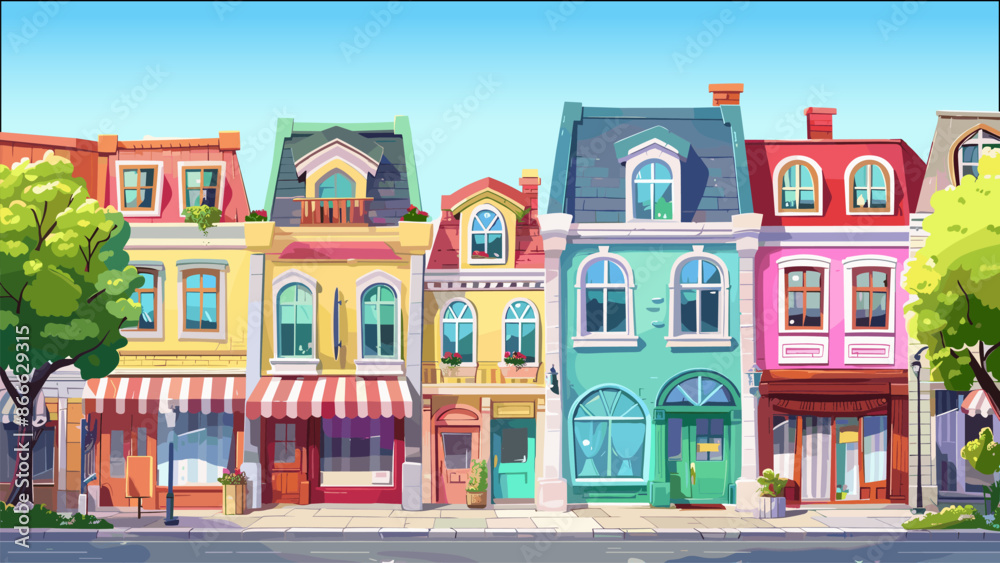 Fototapeta premium Shop Street Village Shopping Area Cartoon Background Storefronts Cityscape District Urban Marketplace Town Square Market Scene Storefront Commercial Area Street Boutique Buildings
