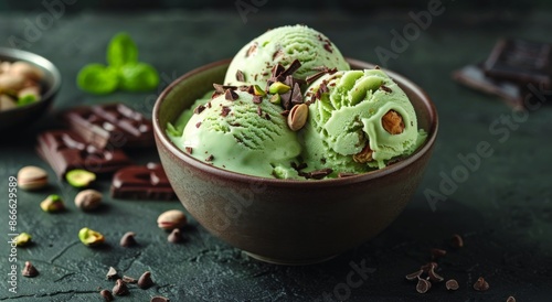 Close Up of Pistachio Ice Cream Scoops With Chocolate Chips in a Black Bowl
