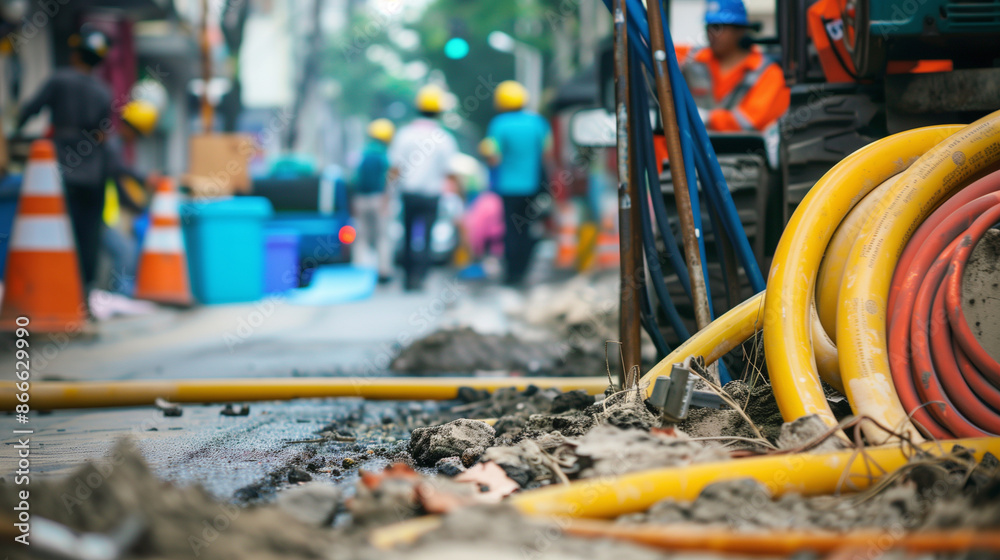 Fototapeta premium copy space, stockphoto, street construction Site for Installing Fiber Optic Cable or other internet cable. Electricity cable network, internet network. Street contruction site.