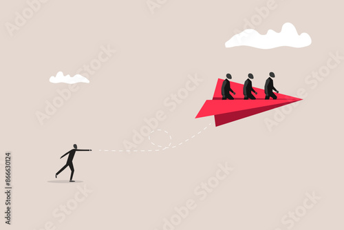Businessman leader launching paper plane origami with team colleagues. concept of support employee, advice staff to reach goal, and adviser expert