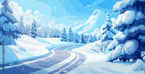 Snow-covered Road Against the Snowy Landscape Cartoon Style Background Winter Wonderland Icy Highway Snowy Path Frosty Road Snowy Forest Scenic Winter Drive Journey