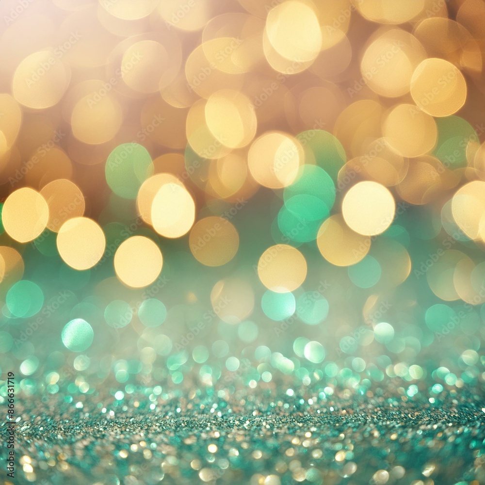 Obraz premium Abstract golden yellow and emerald green glitter lights background. Circle blurred bokeh. Festive backdrop for Christmas, party, holiday or birthday with copy space