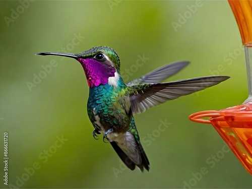 Buff-winged Starfrontlet - Coeligena lutetiae hummingbird in the brilliants, tribe Heliantheini in subfamily Lesbiinae, found in Colombia, Ecuador,Peru, flying bird on green background.genaretive AI.
 photo