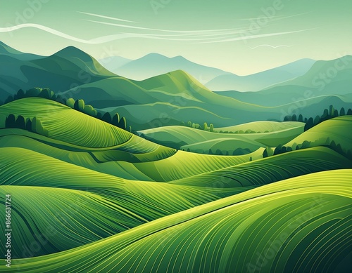abstract green landscape with rolling hills and mountains stylized nature wallpaper digital illustration