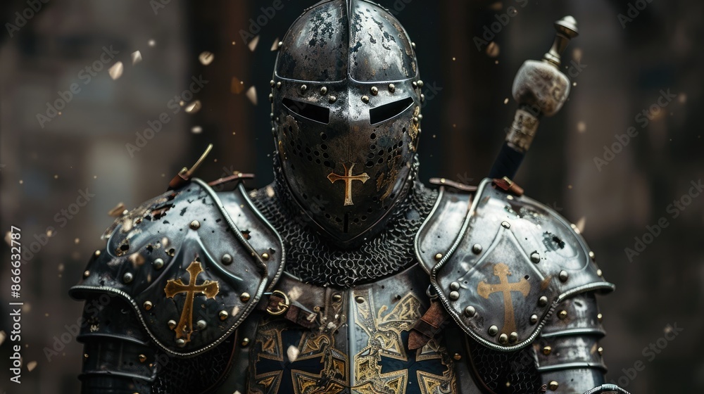 Holy Knight's Valor: Ornate medieval armor adorned with crosses, embodying the spirit of Christ's protection and bravery Holy Knight's Valor: Ornate medieval armor adorned with crosses, embodying the spirit of Christ's protection and bravery