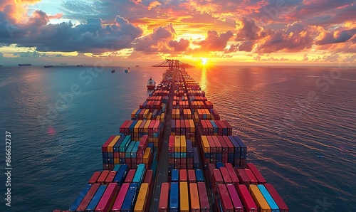 Vibrant cargo containers and cranes work at a bustling port at sunrise. photo