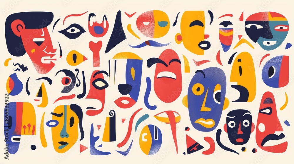 A collection of abstract shapes and colors representing a range of human emotions, such as joy, sadness, anger, and peace. A collection of abstract shapes and colors representing a range of human emotions, such as joy, sadness, anger, and peace.