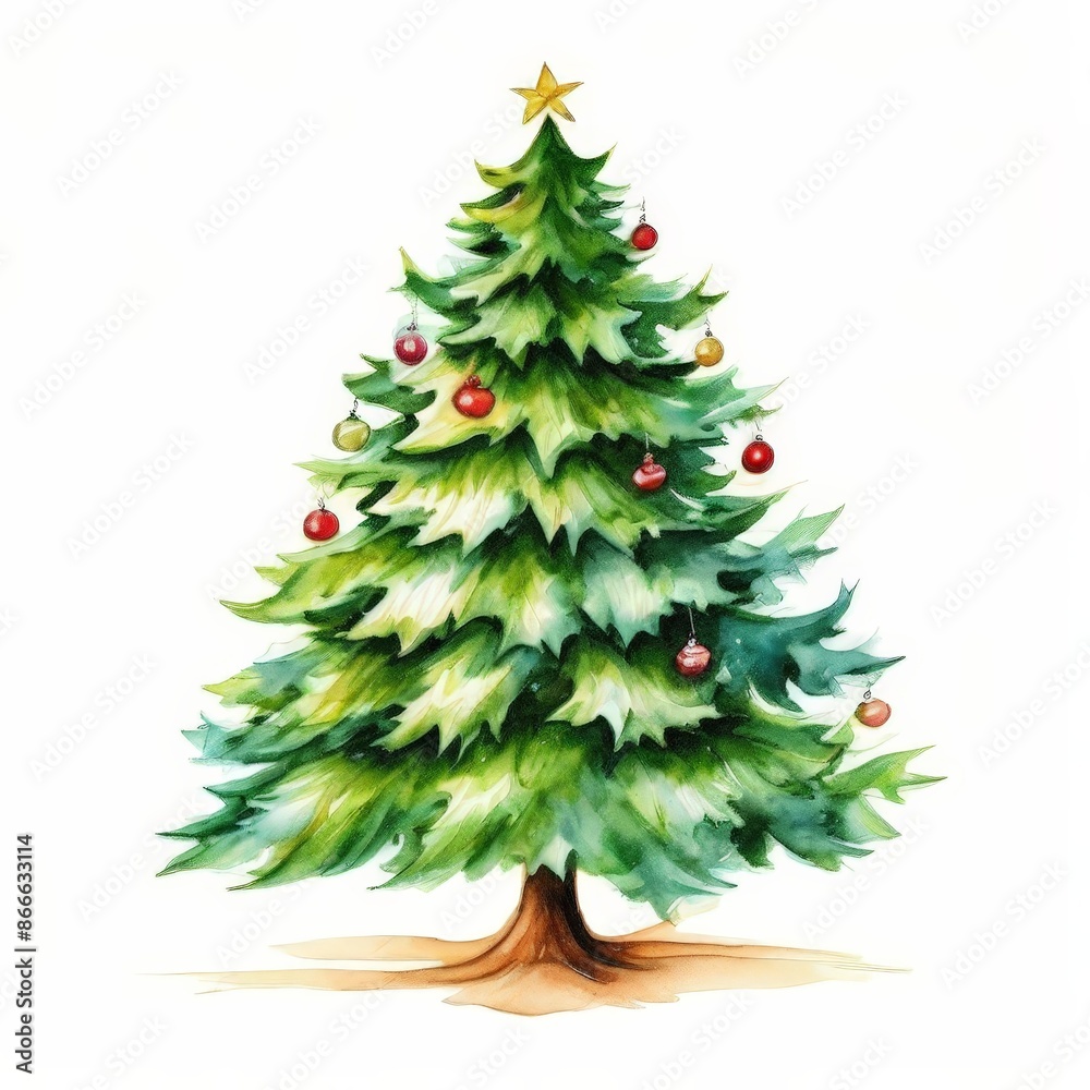 Fototapeta premium Watercolor Christmas Tree with Ornaments.