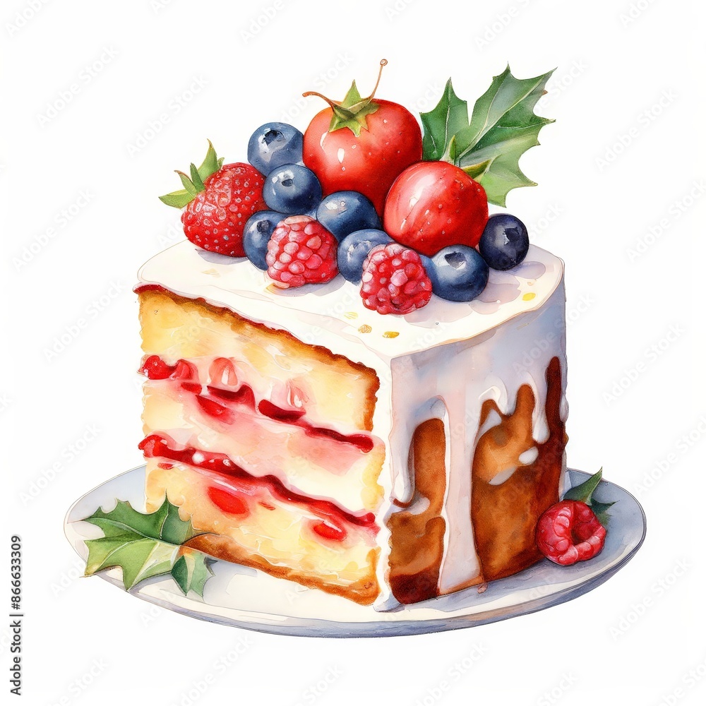 Watercolor illustration of a slice of cake with berries. Watercolor illustration of a slice of cake with berries.