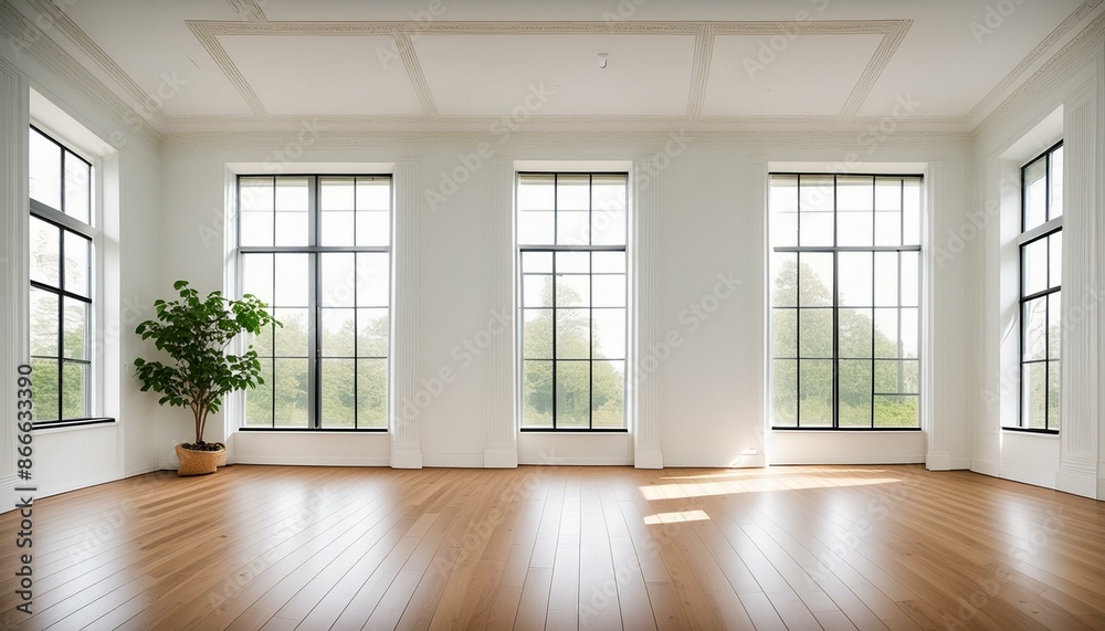 Fototapeta premium Empty white room with white wall, wooden floor and big window. Studio or office blank space. Empty template for interior product. Background for branding design showcase with copy space