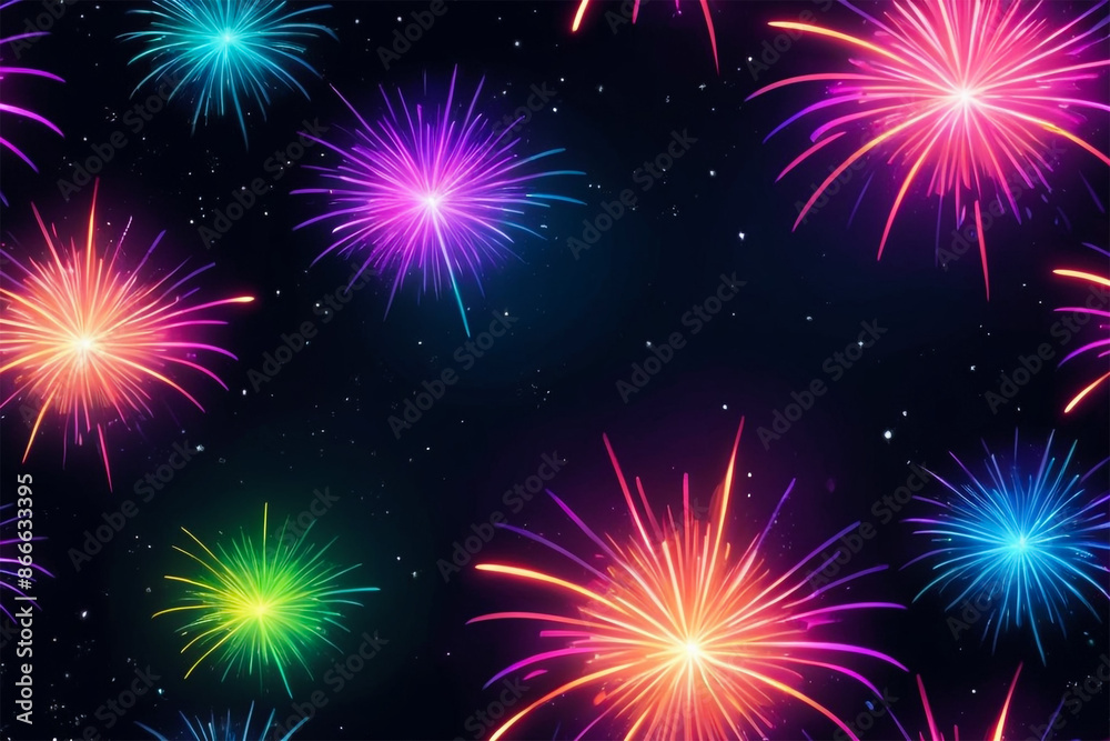 Naklejka premium Futuristic Fireworks in Vibrant Neon Colors Against Starry Night Sky