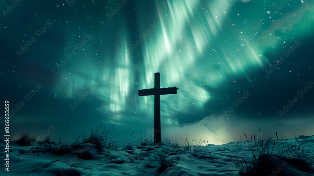 Fototapeta premium Lone wooden cross is standing on a snowy mountain with the northern lights shining brightly in the sky