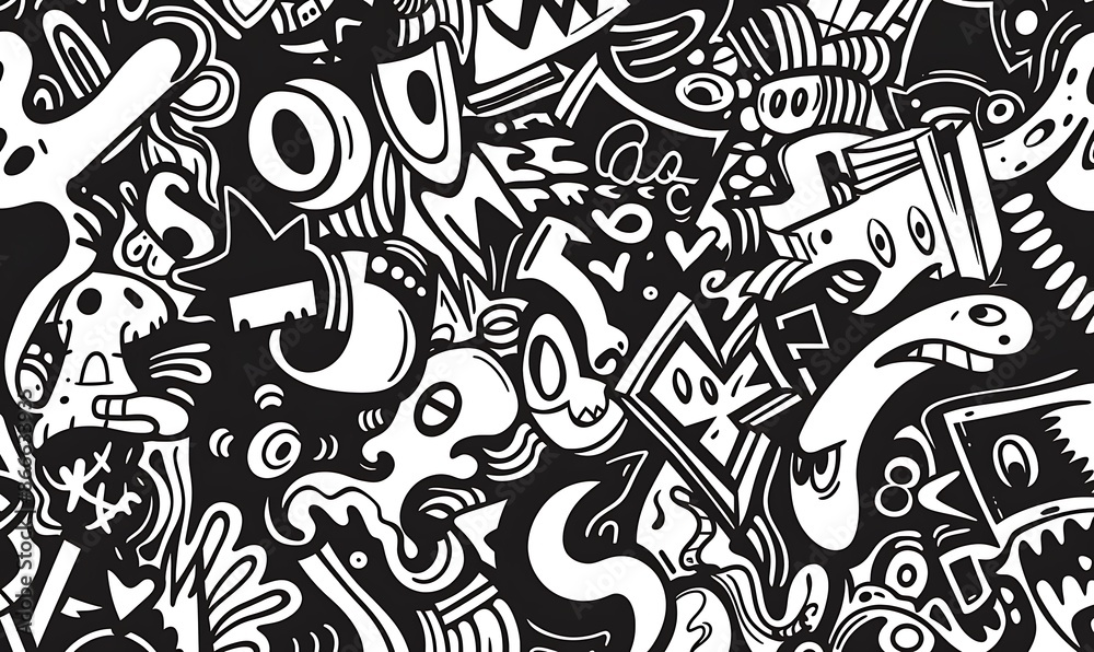 Complex Doodle Patterns, Black and White Graffiti Style, No Background Complex Doodle Patterns, Black and White Graffiti Style, No Background