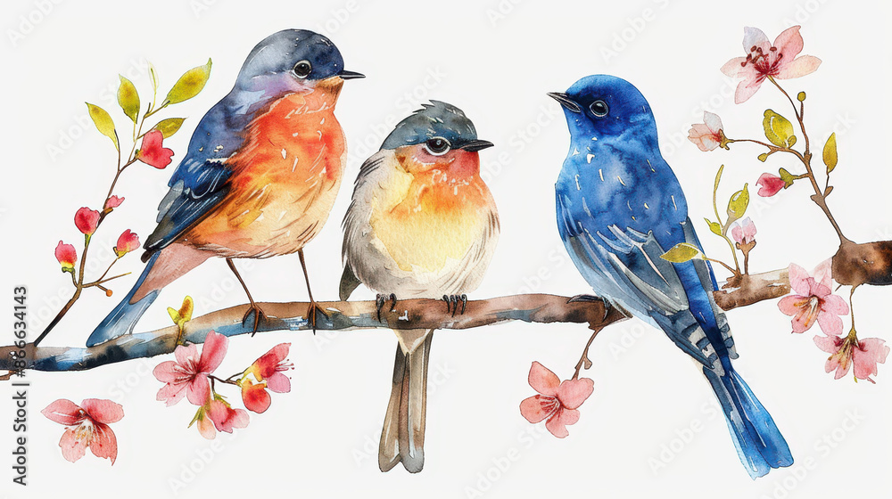 Fototapeta premium A vibrant watercolor painting featuring three birds perched on a branch with blooming flowers. The birds showcase a mix of brilliant blue, orange, and grey hues