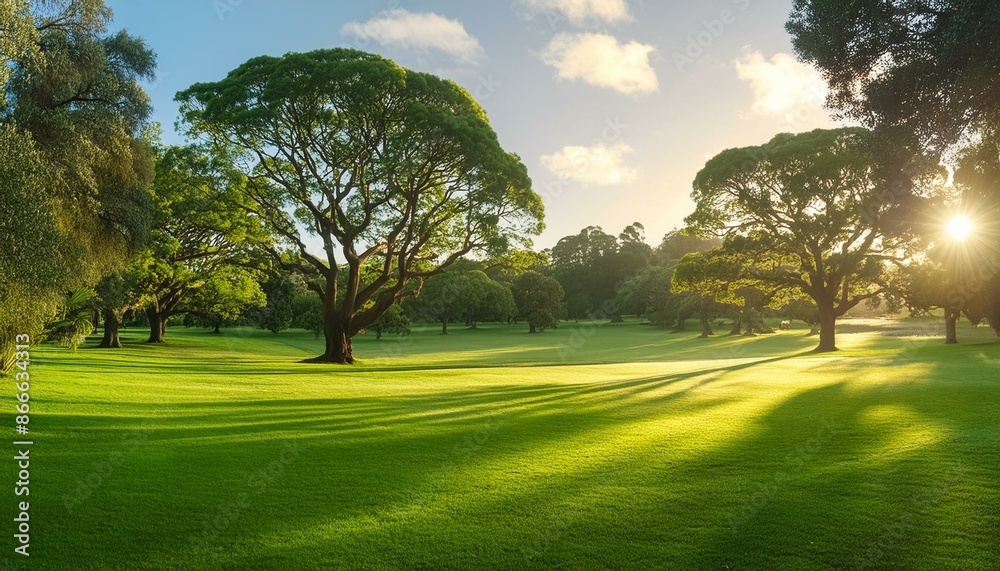 Lush green lawn with trees in the soft morning light at Horsham Botanic Gardens in VIC, Australia. , generated with AI Lush green lawn with trees in the soft morning light at Horsham Botanic Gardens in VIC, Australia. , generated with AI