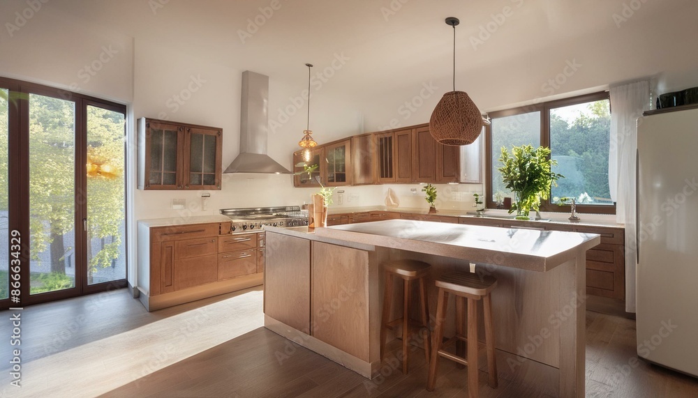 Luxurious kitchen interior with elegant wooden cabinets and a large island illuminated by natural light from large windows