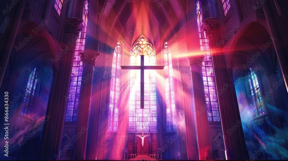 Illuminated by grace: Cathedral windows aglow with heavenly light, emphasizing the cross, symbolizing divine presence and spiritual guidance Illuminated by grace: Cathedral windows aglow with heavenly light, emphasizing the cross, symbolizing divine presence and spiritual guidance