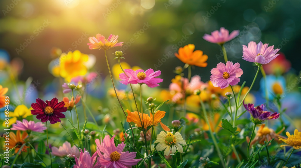 Beautiful cosmos flowers blooming in the garden, bathed in warm sunlight. Concept of spring, summer, nature, and beauty. Beautiful cosmos flowers blooming in the garden, bathed in warm sunlight. Concept of spring, summer, nature, and beauty.
