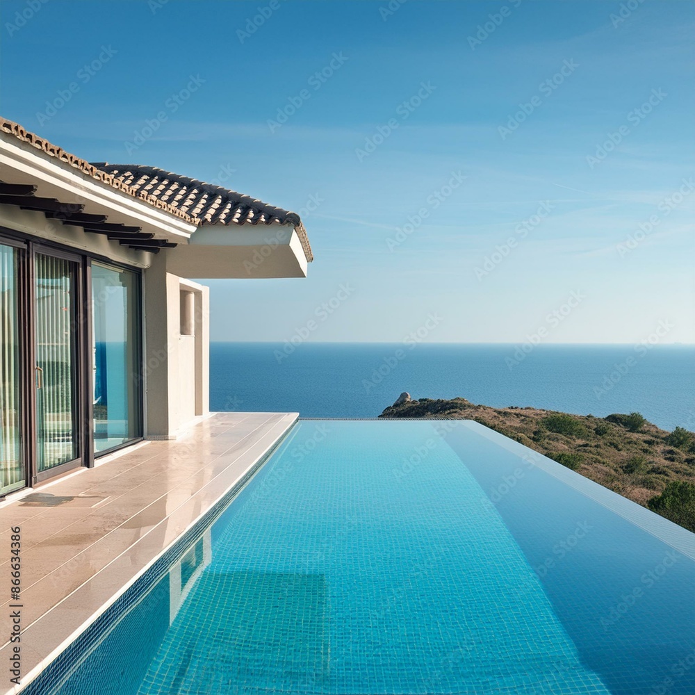 Fototapeta premium Luxury villa with an infinity pool overlooking the tranquil blue sea under a clear sky, priced at a premium for an exclusive getaway experience.