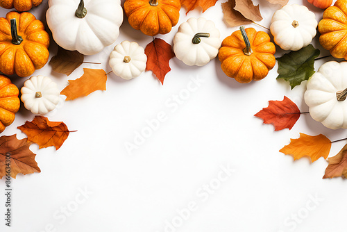 autumn white background with small pumpkins and yellow dry leaves.